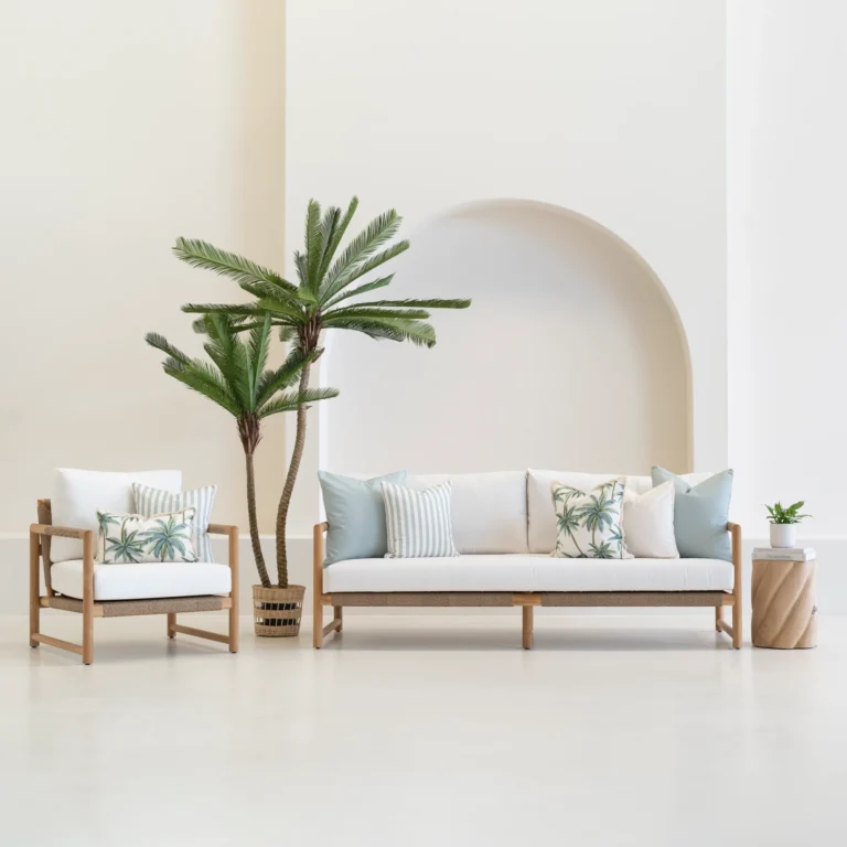Wildgrove Palm cushions styled on outdoor sofa and chair with palm patterns.