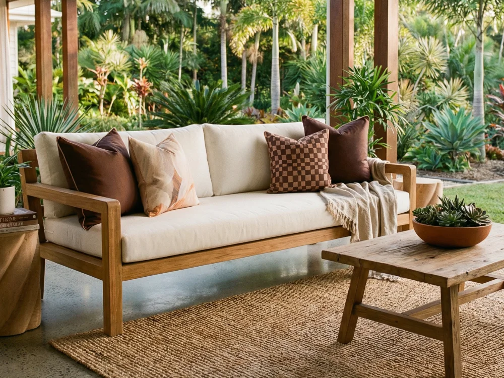 A collection of brown outdoor cushions styled on a sofa on a desk with a backyard in view.